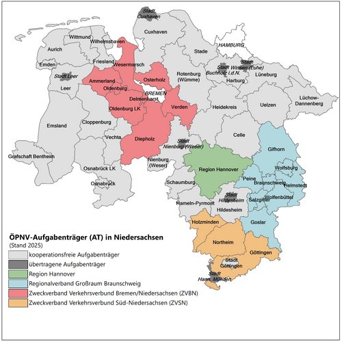 Regionale Abgrenzungen bei den fuer den &Ouml;PNV zust&auml;ndigen und zusammenarbeitenden Aufgabentr&auml;gern